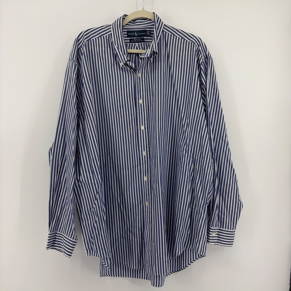 Ralph Lauren Yarmouth Fine Two ply 100s Blue Stripe Dress Shirt 17 1/2 - 35